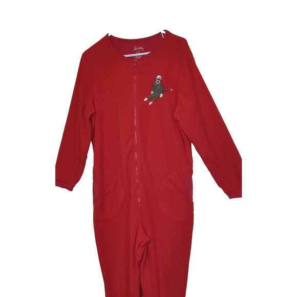 Nick & Nora Footie Fleece Red Pajamas Size Large SOCK MONKEY Zip Up Footed PJs - Picture 3 of 16